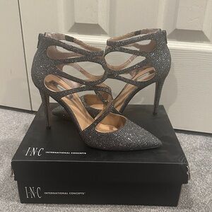 INC International Concepts Glittery Strappy Heels - Pewter Bling